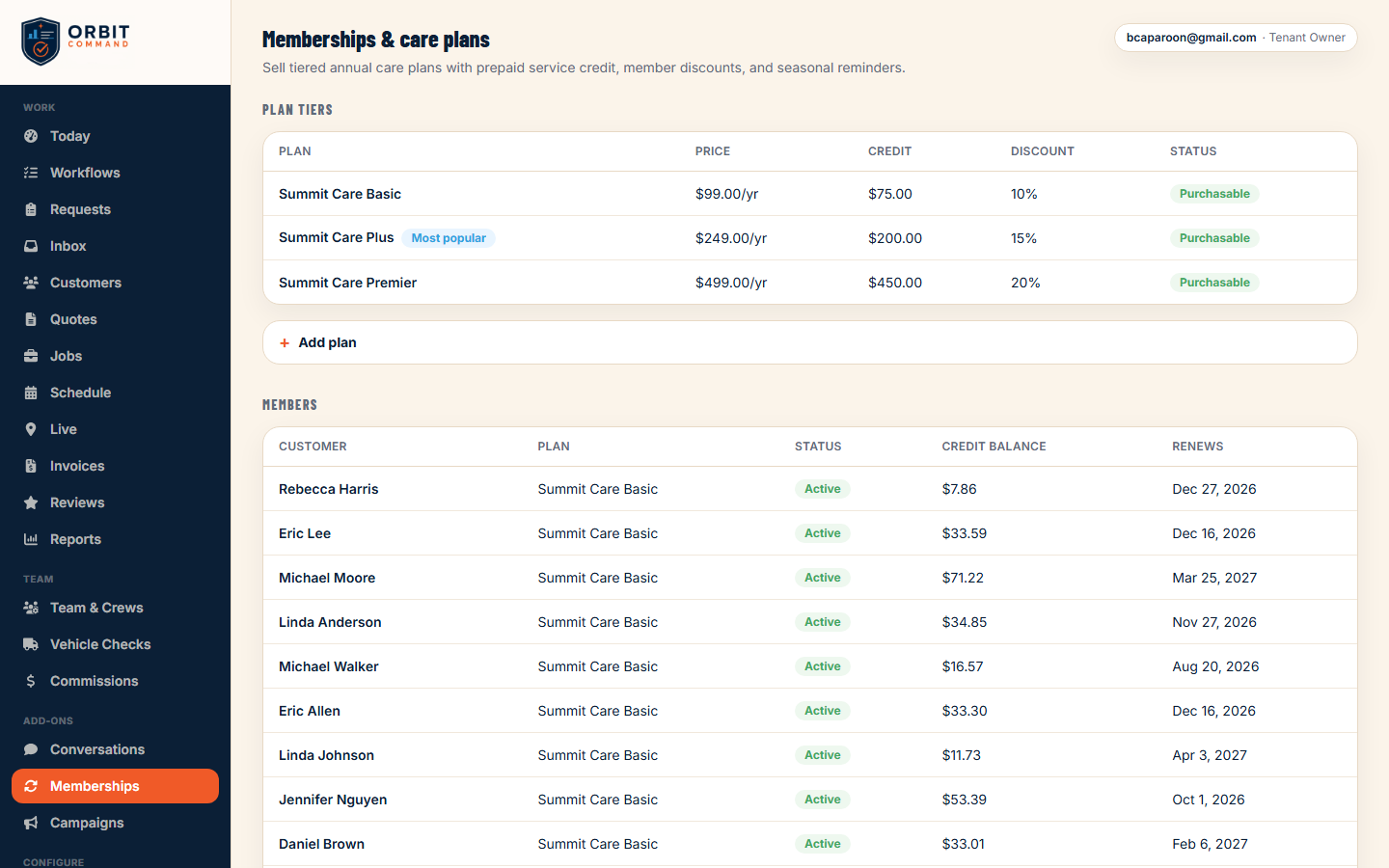 Orbit Command memberships — recurring care plans with prepaid service credit
